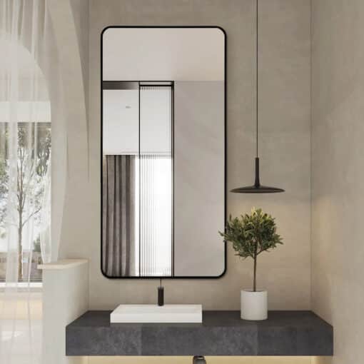Long Rounded Modern Rectangular Wall Mirror 60cm x 120cm Black Aluminium Alloy Frame - Image 2