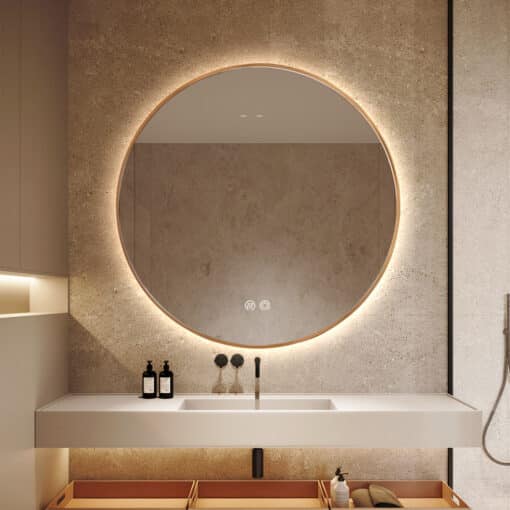 Round LED Mirror 80cm Gold Framed Backlit Defogger Dimmable - Image 2
