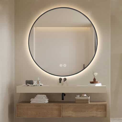Round LED Mirror 90cm Black Framed Backlit Defogger Dimmable