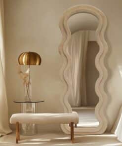 Modern Arched Wavy Velvet Full Length Mirror 160cm x 60cm Beige Wall Mirror