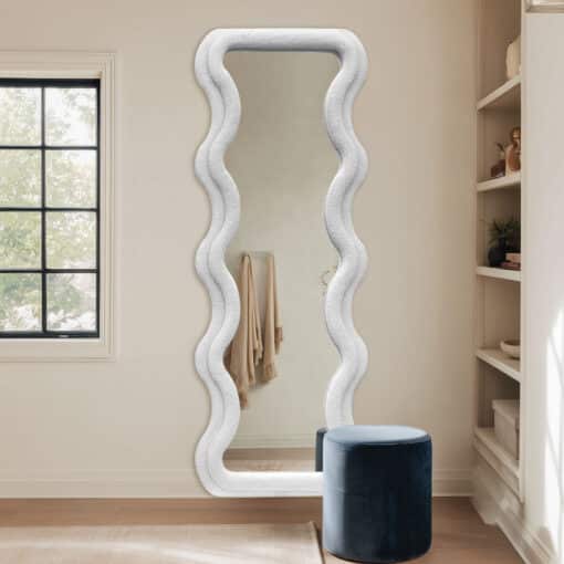 Modern Wavy Teddy Velvet Full Length Mirror 160cm x 60cm White Decorative Wall Mirror - Image 2