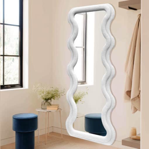 Modern Wavy Teddy Velvet Full Length Mirror 160cm x 60cm White Decorative Wall Mirror - Image 3