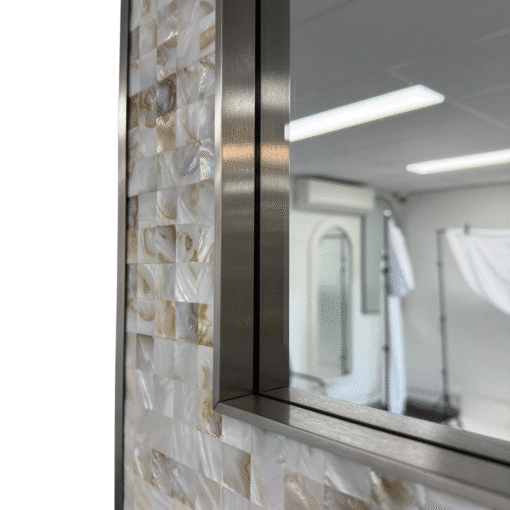 Luxury Silver Rectangular Wall Mirror with Shell Inlay 77cm x 57cm Brushed Stainless Steel Frame - Image 7