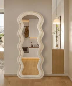 Modern Arched Wavy Velvet Full Length Mirror 160cm x 60cm Beige Wall Mirror