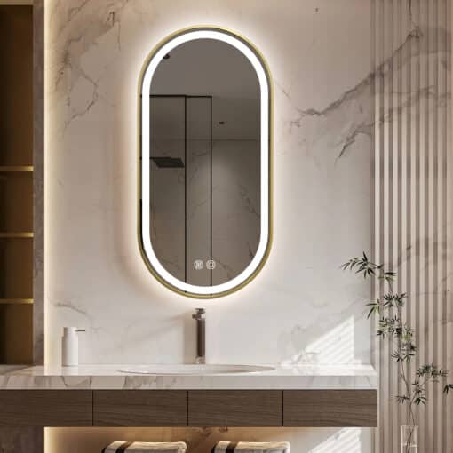 Oval LED Mirror 100cm x 50cm Gold Framed Frosted Defogger Dimmable - Image 2