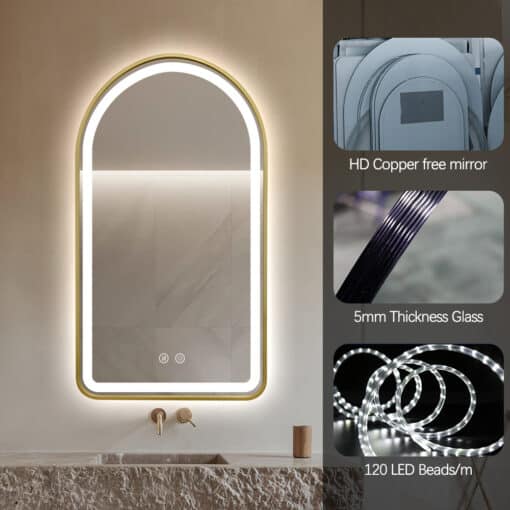 Arched LED Gold Frame Wall Mirror 100cm x 75cm Frosted Defogger Dimmable Vanity - Image 4