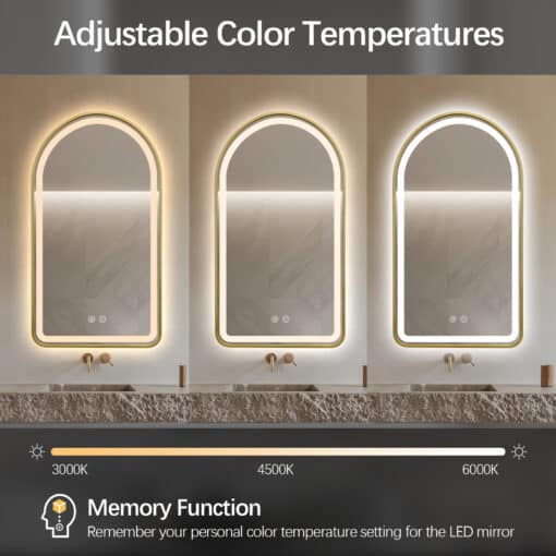 Arched LED Gold Frame Wall Mirror 100cm x 75cm Frosted Defogger Dimmable Vanity - Image 2