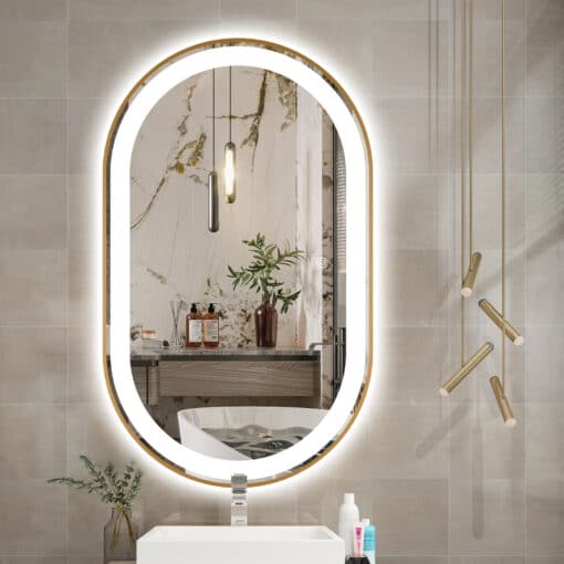 Oval LED Mirror 100cm x 50cm Gold Framed Frosted Defogger Dimmable