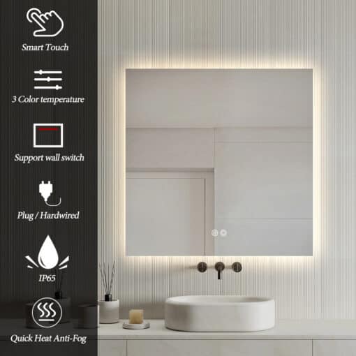 Square Frameless LED Mirror 80 x 80 Backlit Straight Corner - Image 7