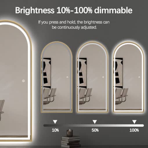Full Length Arched LED Mirror 180cm x 80cm Freestanding Wall Mounted Gold Frame Dimmable - Image 9
