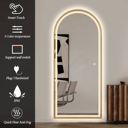 Full Length Arched LED Mirror 180cm x 80cm Freestanding Wall Mounted Gold Frame Dimmable - Image 2