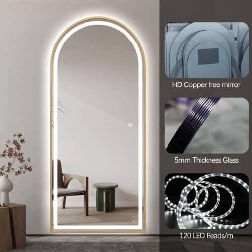 Full Length Arched LED Mirror 180cm x 80cm Freestanding Wall Mounted Gold Frame Dimmable - Image 5