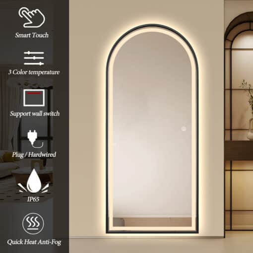 Full Length Arched LED Mirror 180cm x 80cm Freestanding Wall Mounted Black Frame Dimmable - Image 6