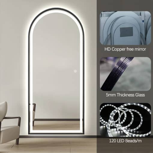 Full Length Arched LED Mirror 180cm x 80cm Freestanding Wall Mounted Black Frame Dimmable - Image 4
