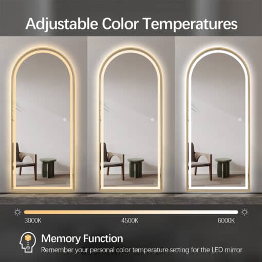 Full Length Arched LED Mirror 180cm x 80cm Freestanding Wall Mounted Gold Frame Dimmable - Image 8