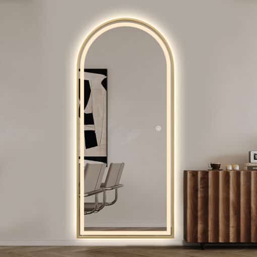 Full Length Arched LED Mirror 180cm x 80cm Freestanding Wall Mounted Gold Frame Dimmable - Image 6