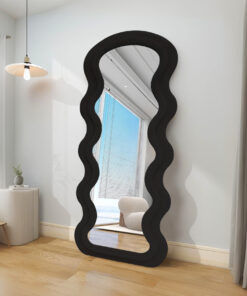 Modern Arched Wavy Velvet Full Length Mirror 160cm x 60cm Black Wall Mirror