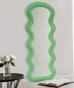 Modern Arched Wavy Velvet Full Length Mirror 160cm x 60cm Green Wall Mirror