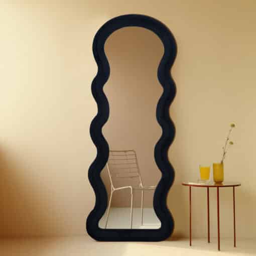 Modern Arched Wavy Velvet Full Length Mirror 160cm x 60cm Black Wall Mirror - Image 3