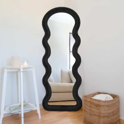 Modern Arched Wavy Velvet Full Length Mirror 160cm x 60cm Black Wall Mirror - Image 2