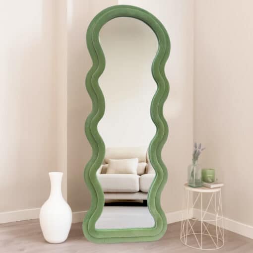 Modern Arched Wavy Velvet Full Length Mirror 160cm x 60cm Green Wall Mirror - Image 3