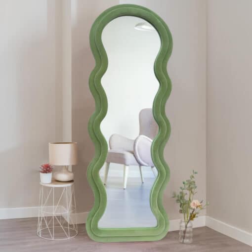 Modern Arched Wavy Velvet Full Length Mirror 160cm x 60cm Green Wall Mirror - Image 2