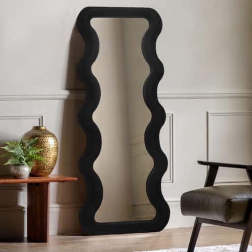 Modern Wavy Teddy Velvet Full Length Mirror 160cm x 60cm Black Decorative Wall Mirror - Image 3