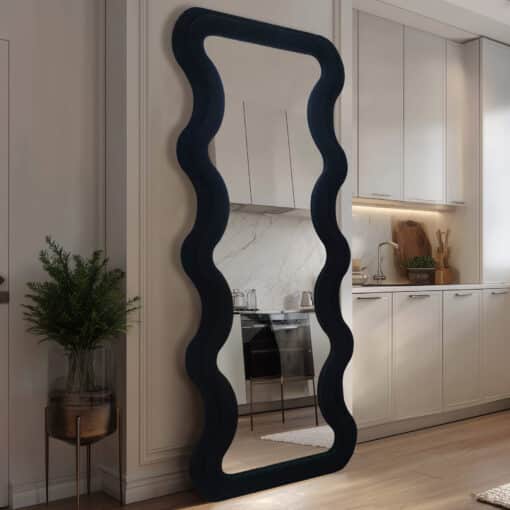 Modern Wavy Teddy Velvet Full Length Mirror 160cm x 60cm Black Decorative Wall Mirror - Image 2