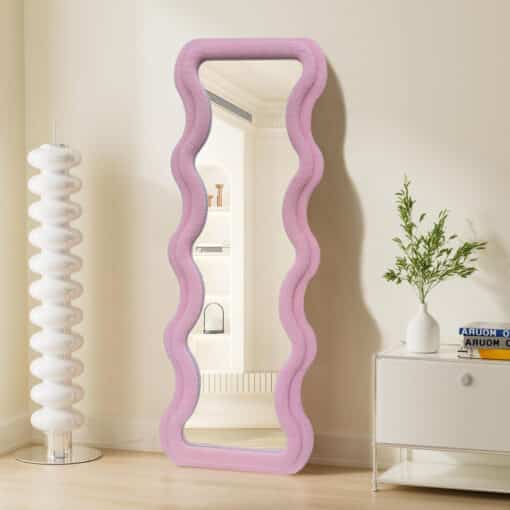 Modern Wavy Teddy Velvet Full Length Mirror 160cm x 60cm Pink Decorative Wall Mirror - Image 3