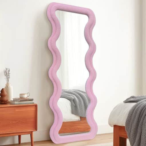Modern Wavy Teddy Velvet Full Length Mirror 160cm x 60cm Pink Decorative Wall Mirror - Image 2