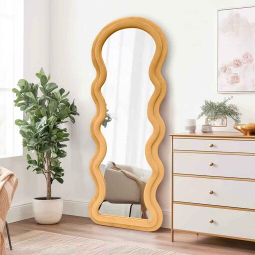 Modern Arched Wavy Velvet Full Length Mirror 160cm x 60cm Peach-Orange Wall Mirror - Image 4
