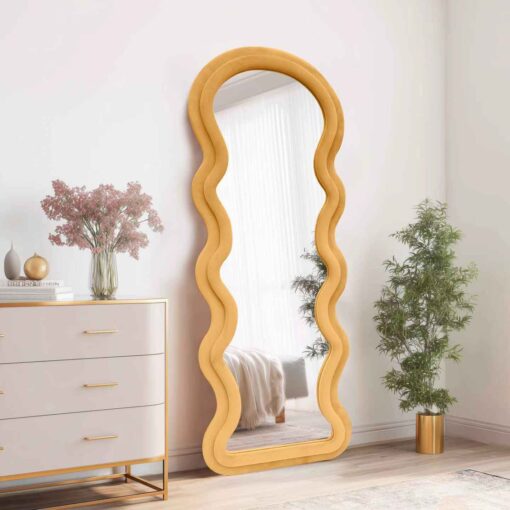 Modern Arched Wavy Velvet Full Length Mirror 160cm x 60cm Peach-Orange Wall Mirror - Image 3